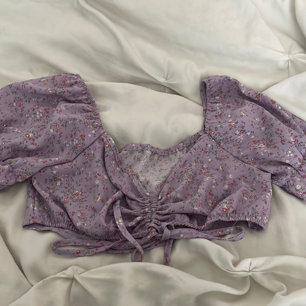 purple crop top with flowers, size small, short sleeve, super cute for summer!!